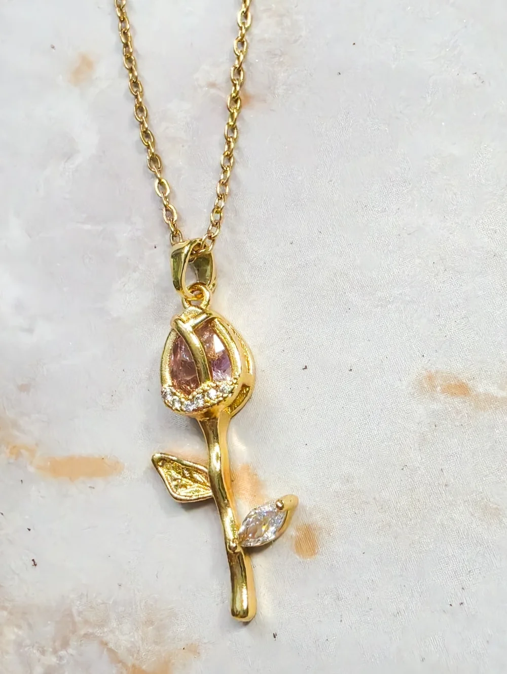 Elegant Pink Zircon Tulip Pendant Necklace Gold Tone Stainless Steel Flower